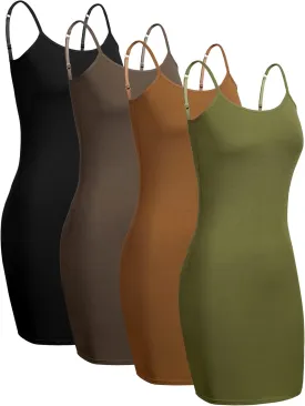 4 Pcs Women's Basic Solid Slip Dress Spaghetti Strap Cami Women Layering Camisole Adjustable Long Tank Top