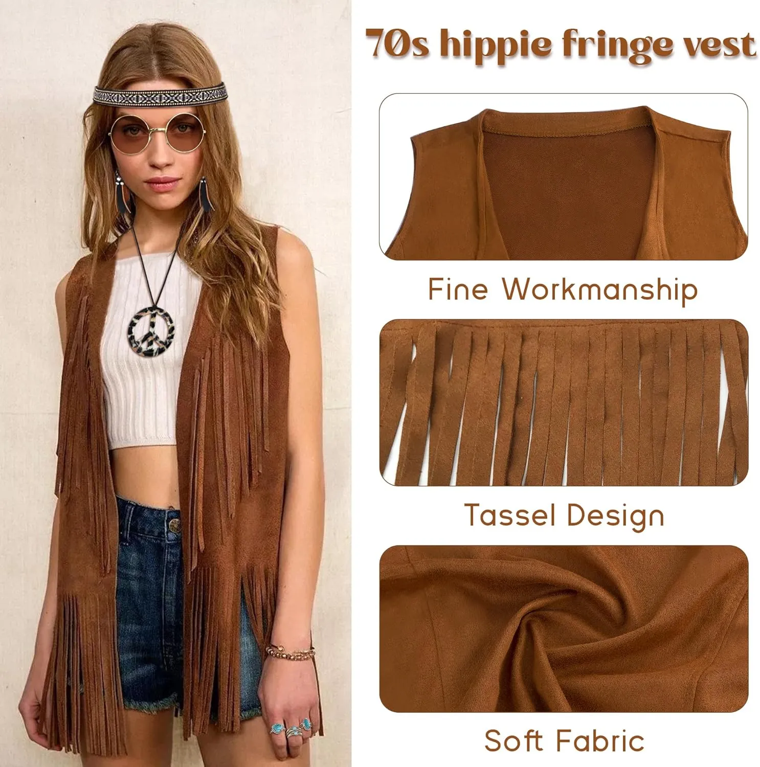 60s 70s Outfits for Women Hippie Accessories Costume Tops Women Fringe Hippie Vest for Halloween Disco Party