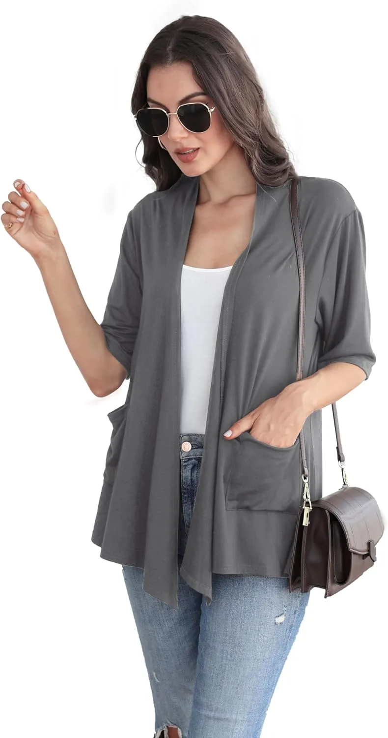 ADANIKI Womens Short Sleeve Open Front Lightweight Casual Comfy Long Line Drape Hem Soft Modal Cardigans Sweater
