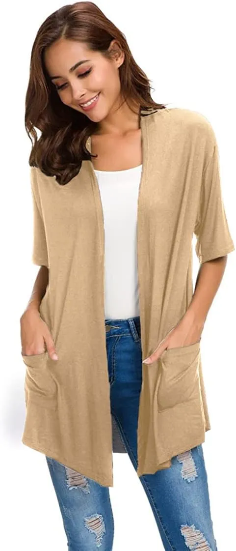 ADANIKI Womens Short Sleeve Open Front Lightweight Casual Comfy Long Line Drape Hem Soft Modal Cardigans Sweater