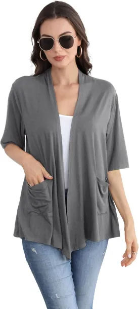 ADANIKI Womens Short Sleeve Open Front Lightweight Casual Comfy Long Line Drape Hem Soft Modal Cardigans Sweater