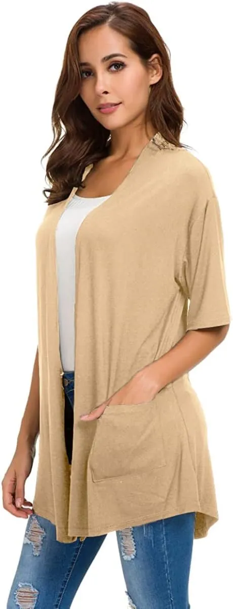 ADANIKI Womens Short Sleeve Open Front Lightweight Casual Comfy Long Line Drape Hem Soft Modal Cardigans Sweater
