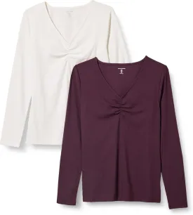 Amazon Essentials Women's Cinched V-Neck Long Sleeve Slim-Fit Rib-Knit T-Shirt, Pack of 2