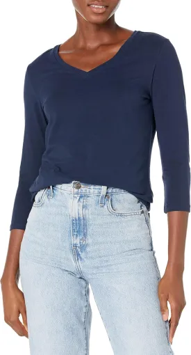 Amazon Essentials Women's Classic-Fit 3/4 Sleeve V-Neck T-Shirt (Available in Plus Size), Multipacks
