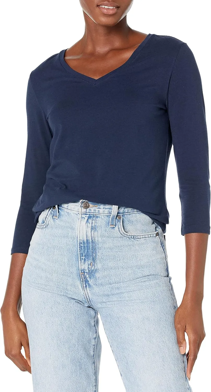 Amazon Essentials Women's Classic-Fit 3/4 Sleeve V-Neck T-Shirt (Available in Plus Size), Multipacks
