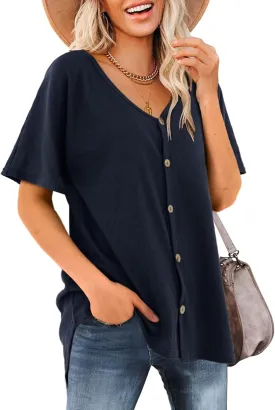 Beluring Women's Shirts V Neck Short Sleeve Waffle Knit Button Up Tunic Tops Blouse