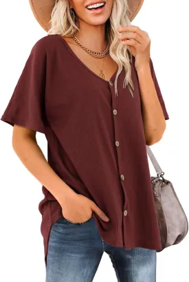 Beluring Women's Shirts V Neck Short Sleeve Waffle Knit Button Up Tunic Tops Blouse