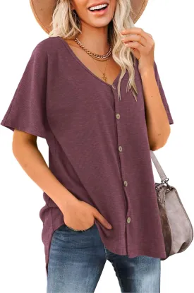 Beluring Women's Shirts V Neck Short Sleeve Waffle Knit Button Up Tunic Tops Blouse
