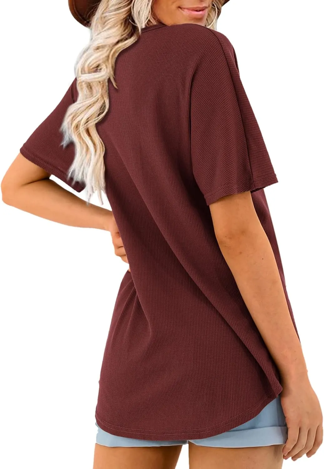 Beluring Women's Shirts V Neck Short Sleeve Waffle Knit Button Up Tunic Tops Blouse