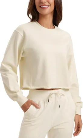 CRZ YOGA Womens Fleece Cropped Sweatshirts Crewneck Long Sleeve Double Raw Hem Workout Casual Pullover Tops