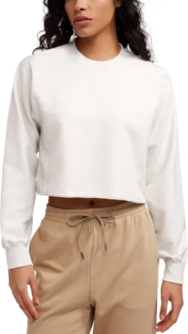 CRZ YOGA Womens Fleece Cropped Sweatshirts Crewneck Long Sleeve Double Raw Hem Workout Casual Pullover Tops