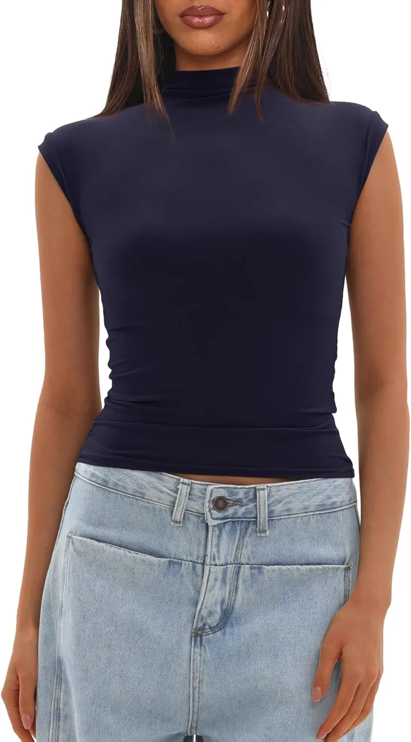 Darong Women's Summer Tops Cap Sleeve Side Ruched Going Out Top Mock Neck Slim Fitted Cute Shirts Y2K Tee