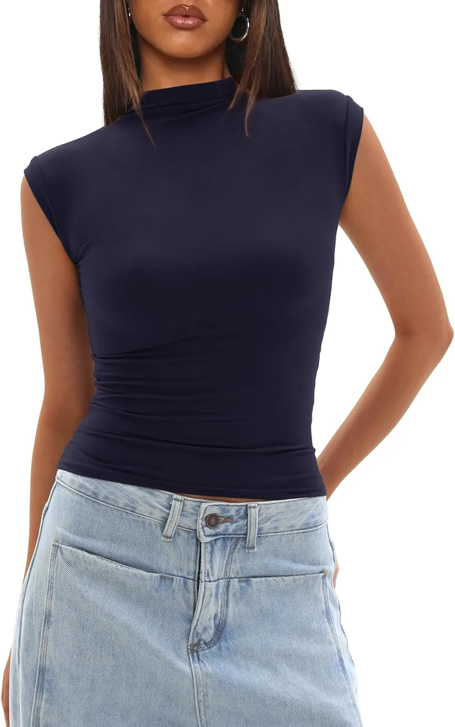 Darong Women's Summer Tops Cap Sleeve Side Ruched Going Out Top Mock Neck Slim Fitted Cute Shirts Y2K Tee