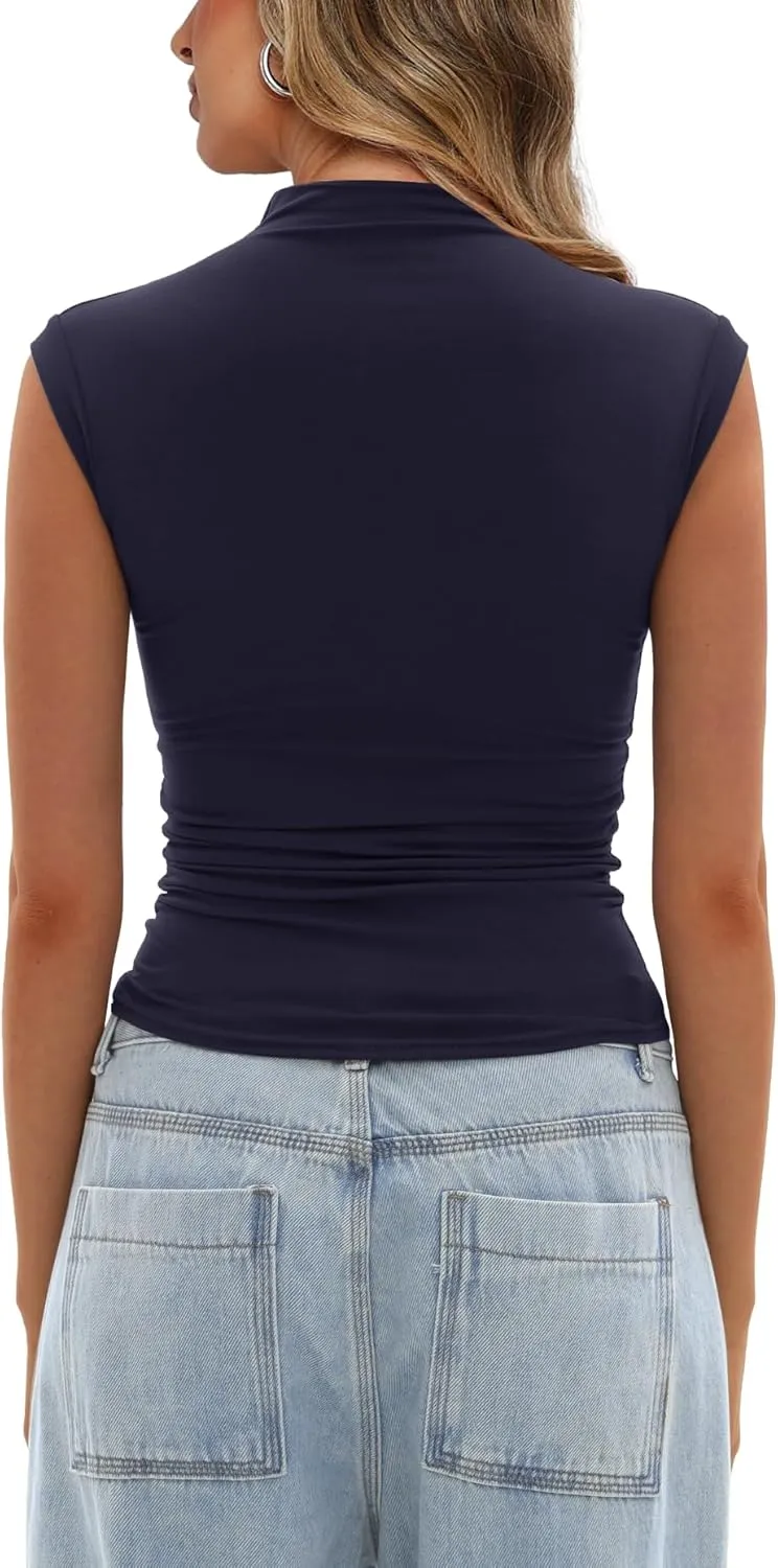 Darong Women's Summer Tops Cap Sleeve Side Ruched Going Out Top Mock Neck Slim Fitted Cute Shirts Y2K Tee