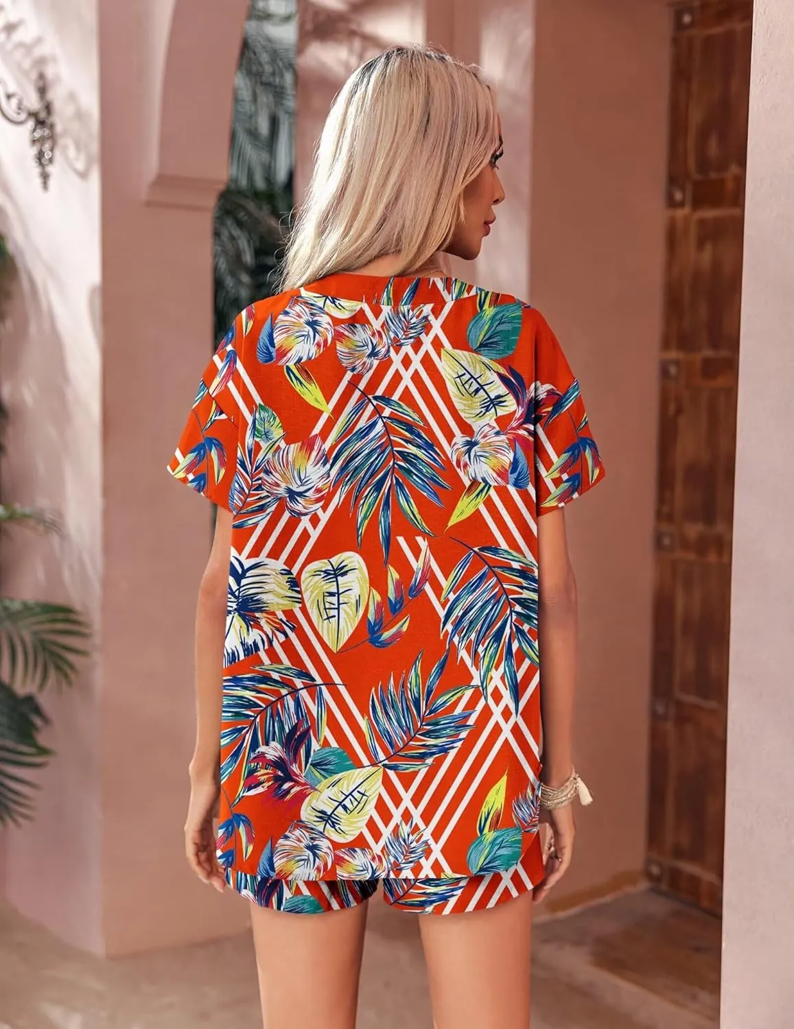 Ekouaer Womens Hawaiian 2 Piece Outfit Short Sleeve Button Down Shirt and Shorts Tracksuit Lounge Set