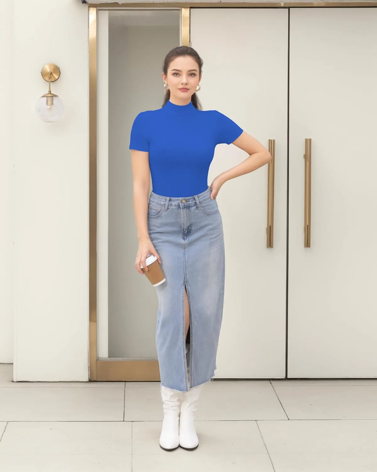 HERLOLLYCHIPS Mock Neck Tops for Women Basic Short Sleeve Tight Summer Sexy Dressy Casual Summer T-Shirts