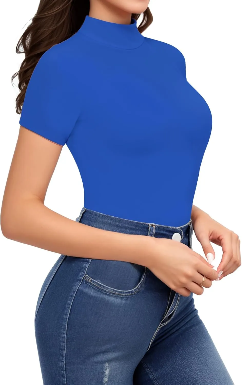 HERLOLLYCHIPS Mock Neck Tops for Women Basic Short Sleeve Tight Summer Sexy Dressy Casual Summer T-Shirts