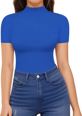 HERLOLLYCHIPS Mock Neck Tops for Women Basic Short Sleeve Tight Summer Sexy Dressy Casual Summer T-Shirts