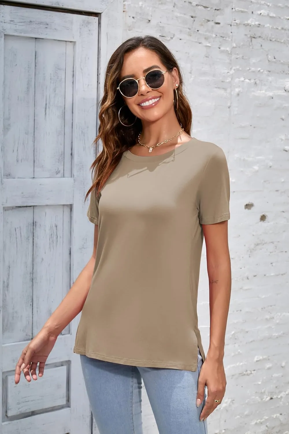 Herou Summer Women Casual Short Sleeve Tops T-Shirts Tees with Side Split
