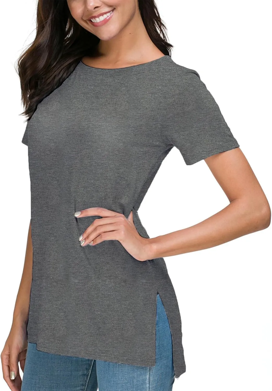 Herou Summer Women Casual Short Sleeve Tops T-Shirts Tees with Side Split
