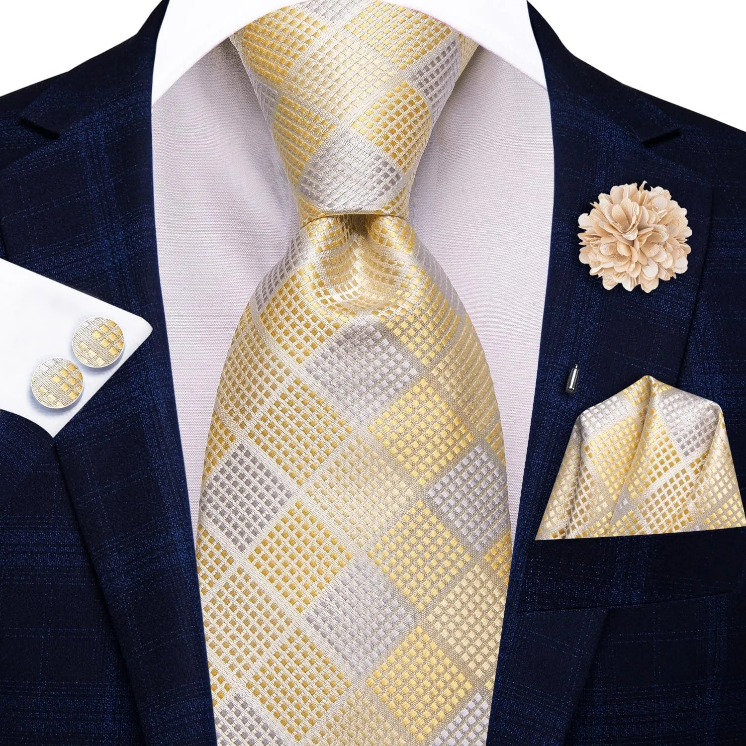 Hi-Tie Men Ties Set Woven Necktie and Lapel Pin Pocket Square Cufflinks Sets Formal Business Wedding