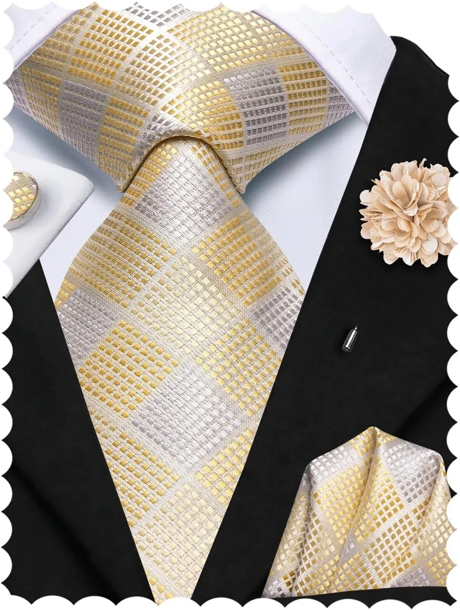 Hi-Tie Men Ties Set Woven Necktie and Lapel Pin Pocket Square Cufflinks Sets Formal Business Wedding