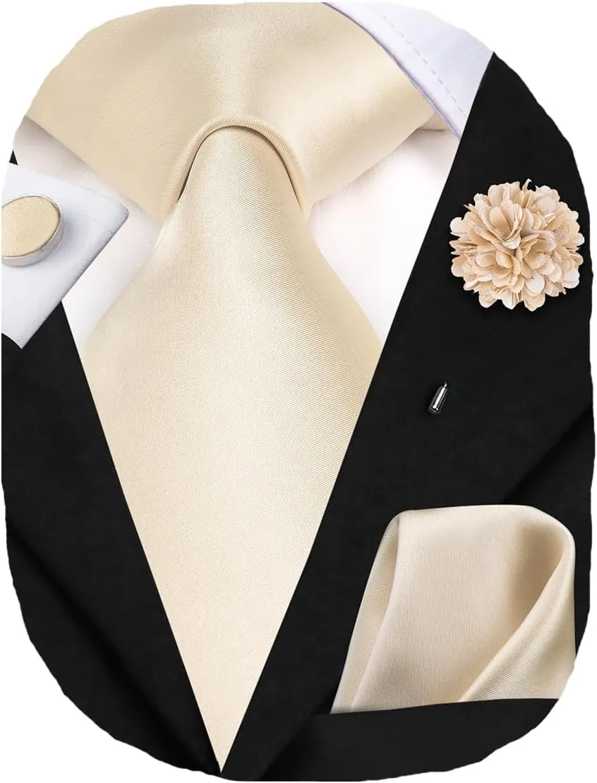 Hi-Tie Mens Tie Set Silk Striped Woven Necktie with Lapel Pin Pocket Square Cufflinks Set for Wedding Party