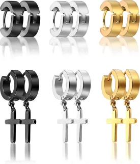 Hicarer 6 Pairs Hoop Hinged Dangle Cross Earrings Unisex Punk Earrings Hoop Earring and Stud Earring for Men and Women Wearing (Style Set 1)(Style Set 1)