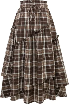 IDEALSANXUN Womens Long Plaid Skirts High Waisted A Line Renaissance Maxi Skirt with Pockets