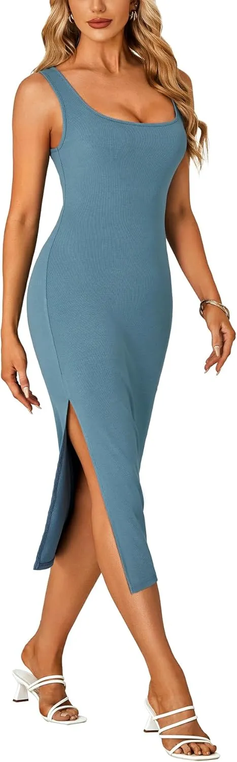 KIFOVEN Womens Summer Bodycon Midi Dress Sleeveless Ribbed Fitted Side Slit Casual Tank Dress