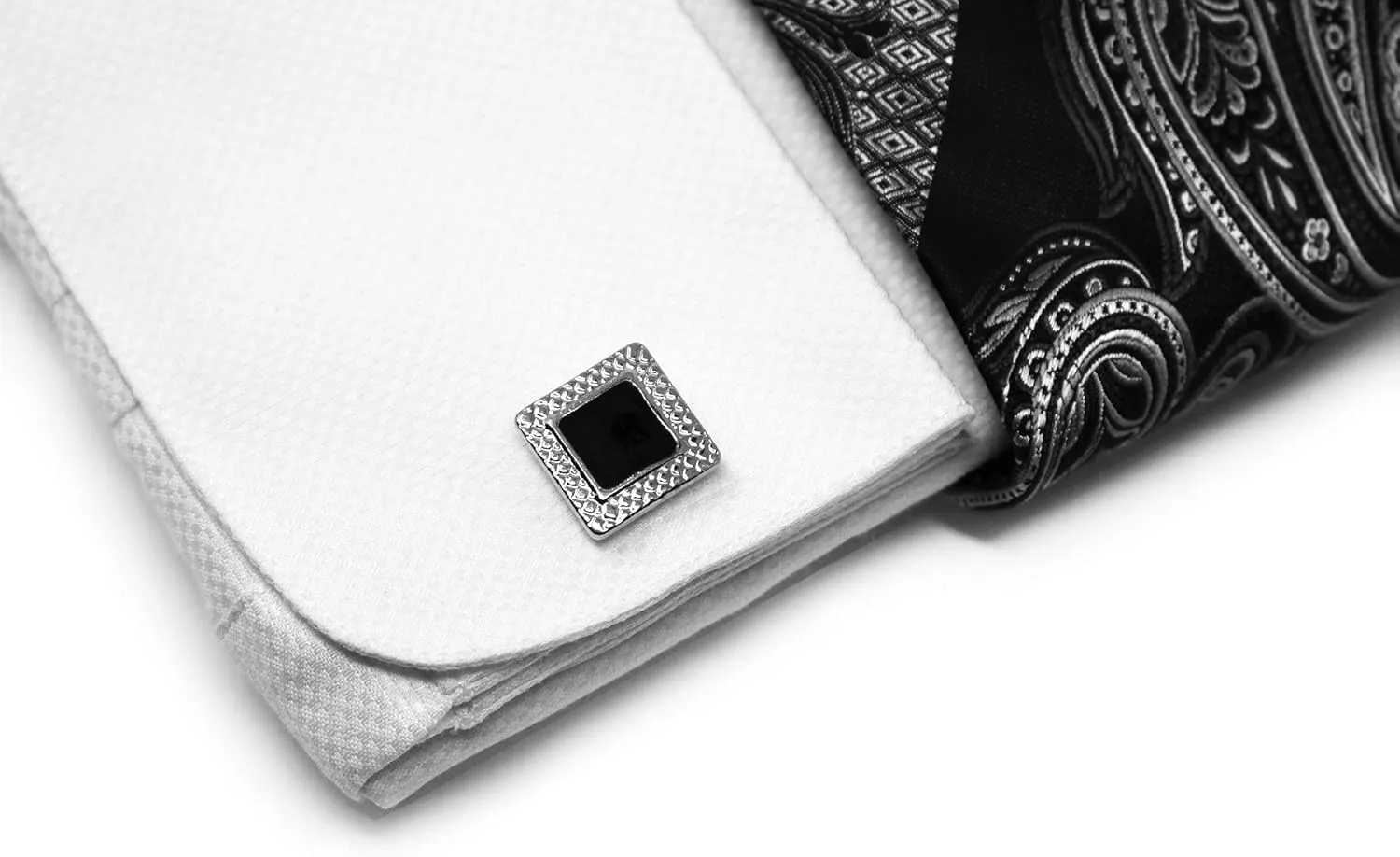 Men's Solid Square Pattern Regular Fit French Cuffs Dress Shirts with Tie Hanky Cufflinks Combo