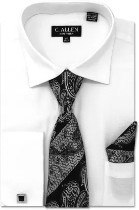 Men's Solid Square Pattern Regular Fit French Cuffs Dress Shirts with Tie Hanky Cufflinks Combo
