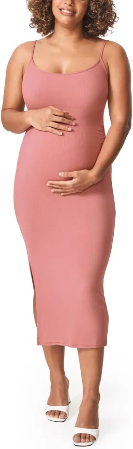 MOMANDA Women' s Maternity Dress Ribbed Spaghetti Strap Bodycon Dresses Square Neck Maternity Clothes for Baby Shower Clove Large