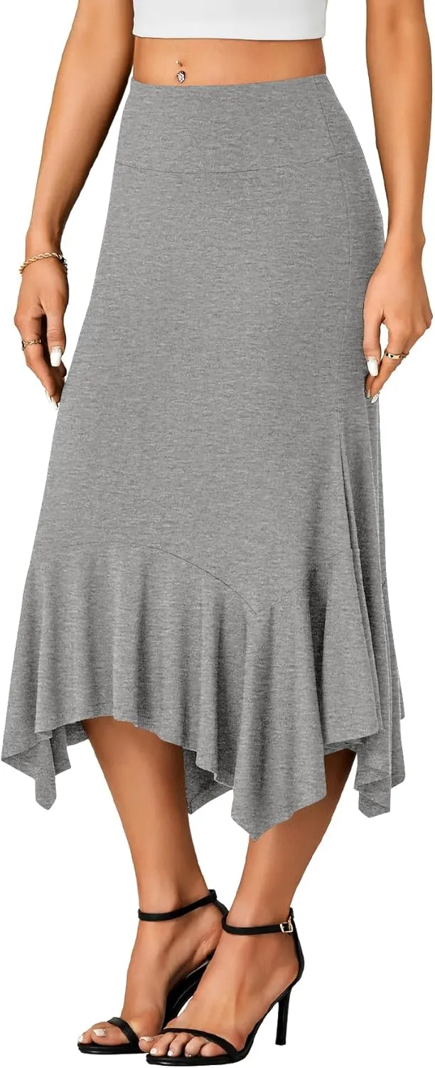 OPOIPIN Women's Stretchy High Waist Ruffle Asymmetrical Hem Flowy Midi Skirt