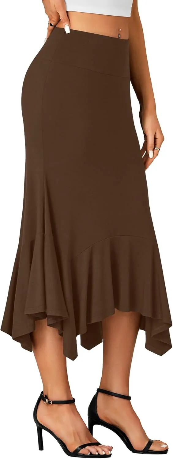 OPOIPIN Women's Stretchy High Waist Ruffle Asymmetrical Hem Flowy Midi Skirt