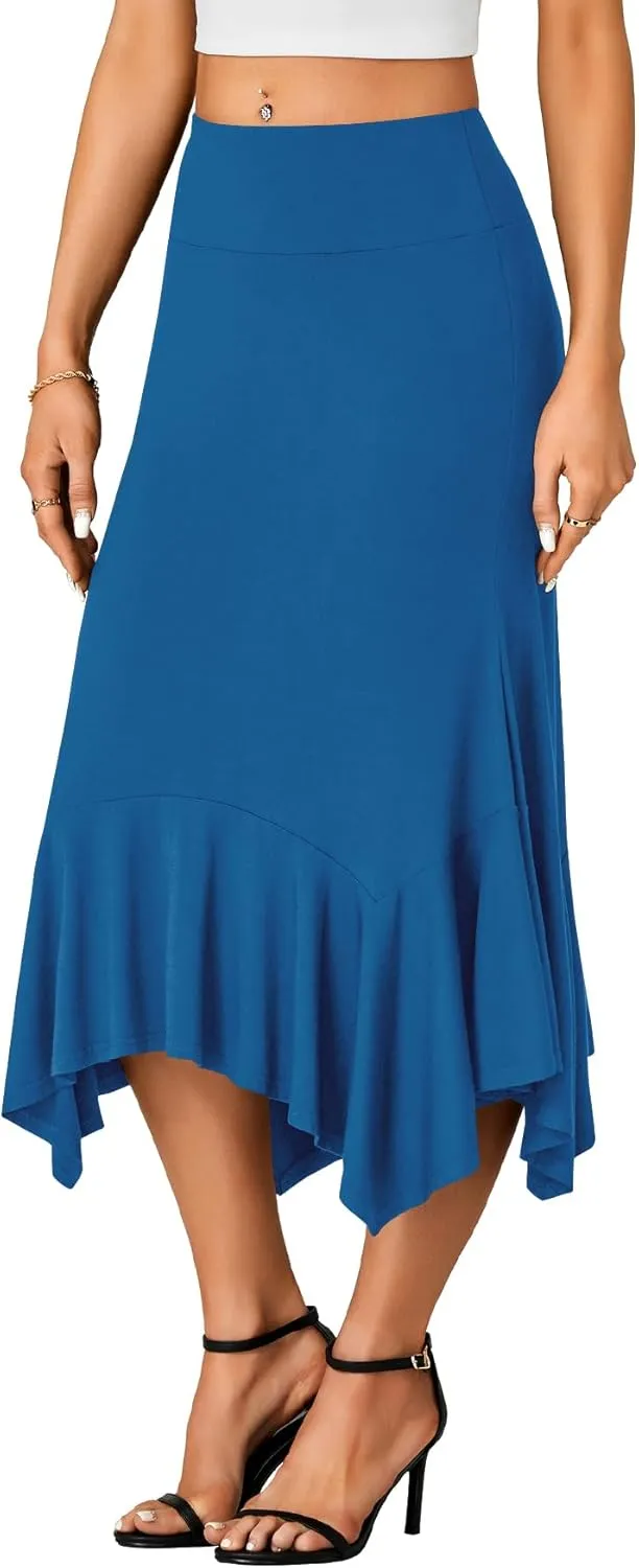 OPOIPIN Women's Stretchy High Waist Ruffle Asymmetrical Hem Flowy Midi Skirt