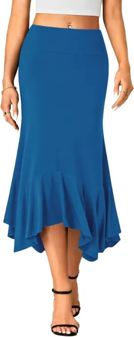 OPOIPIN Women's Stretchy High Waist Ruffle Asymmetrical Hem Flowy Midi Skirt