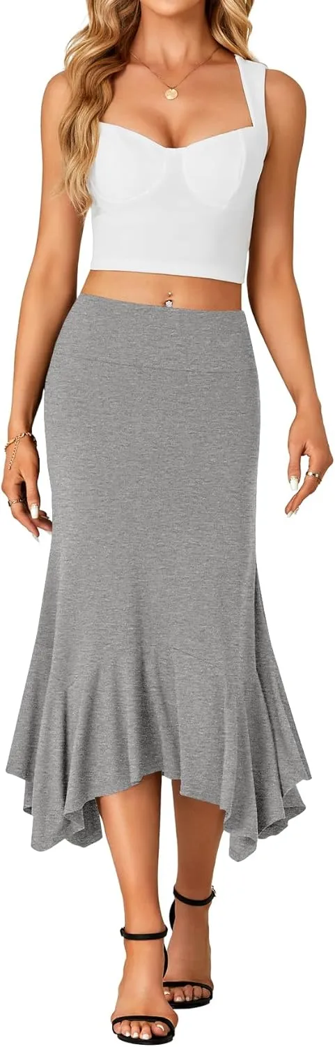 OPOIPIN Women's Stretchy High Waist Ruffle Asymmetrical Hem Flowy Midi Skirt