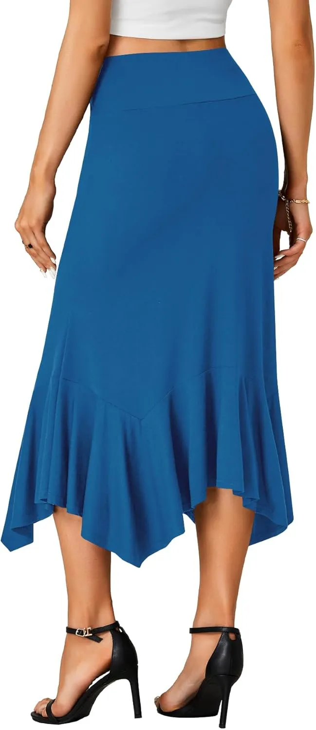 OPOIPIN Women's Stretchy High Waist Ruffle Asymmetrical Hem Flowy Midi Skirt