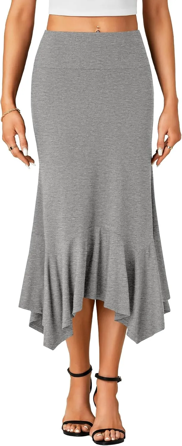 OPOIPIN Women's Stretchy High Waist Ruffle Asymmetrical Hem Flowy Midi Skirt