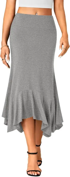 OPOIPIN Women's Stretchy High Waist Ruffle Asymmetrical Hem Flowy Midi Skirt