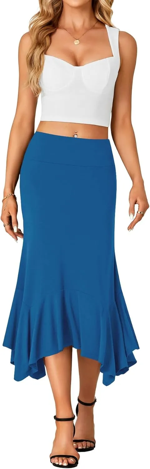 OPOIPIN Women's Stretchy High Waist Ruffle Asymmetrical Hem Flowy Midi Skirt