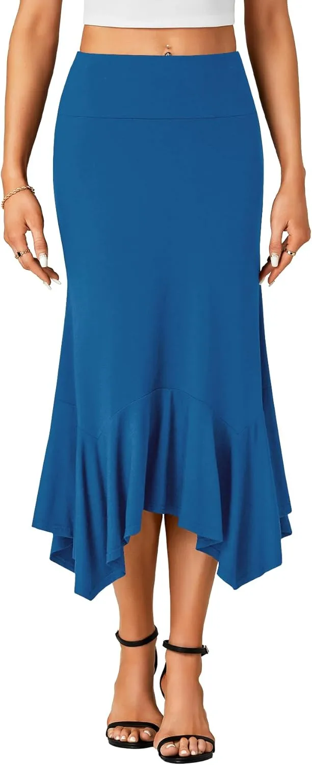 OPOIPIN Women's Stretchy High Waist Ruffle Asymmetrical Hem Flowy Midi Skirt