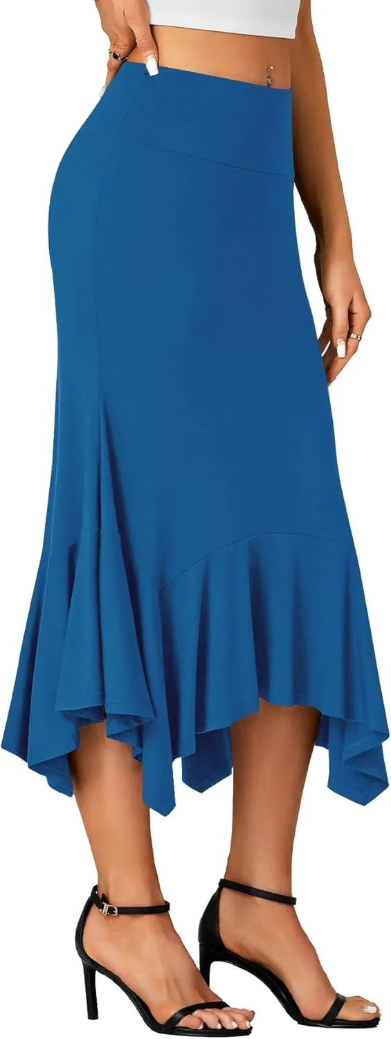 OPOIPIN Women's Stretchy High Waist Ruffle Asymmetrical Hem Flowy Midi Skirt
