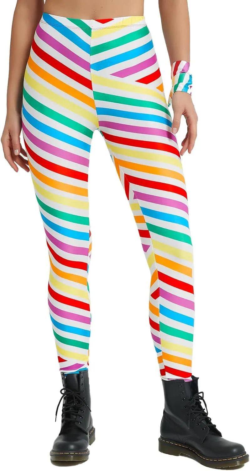 sissycos Women's 80s Leggings Buttery Soft Rainbow Stripes Printed Stretchy Pants