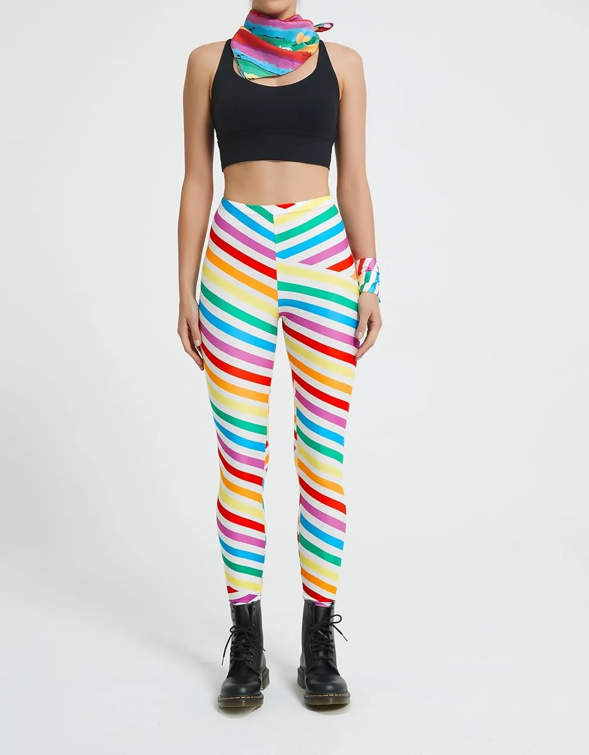 sissycos Women's 80s Leggings Buttery Soft Rainbow Stripes Printed Stretchy Pants