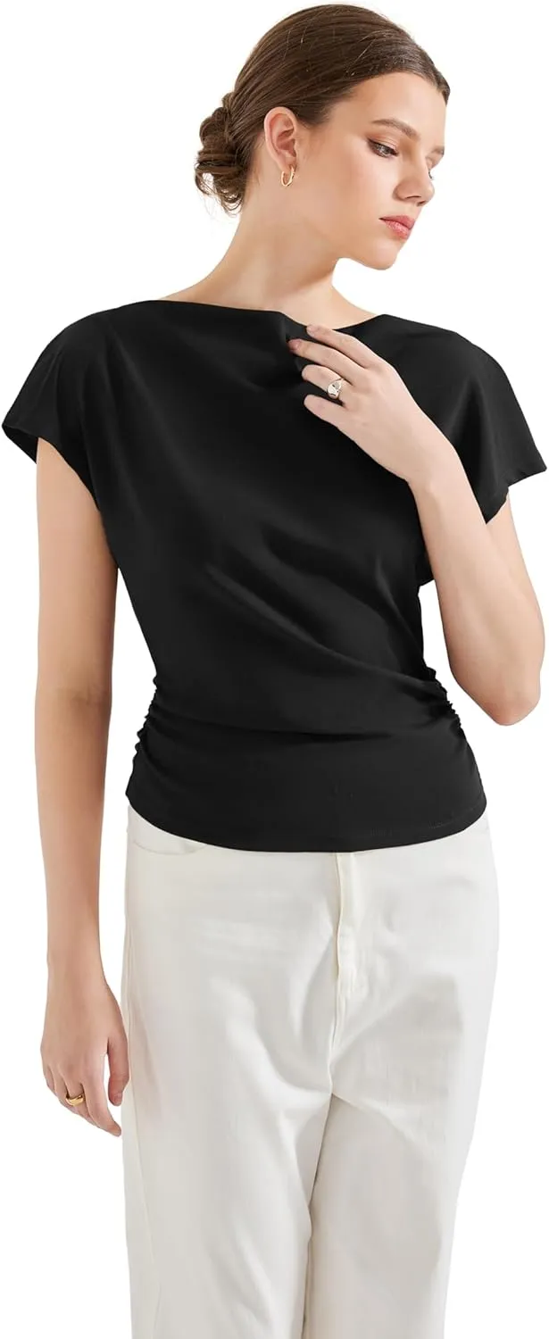 SUUKSESS Women Off The Shoulder Summer Tops One Shoulder T Shirt Casual Short Sleeve Boat Neck Tees