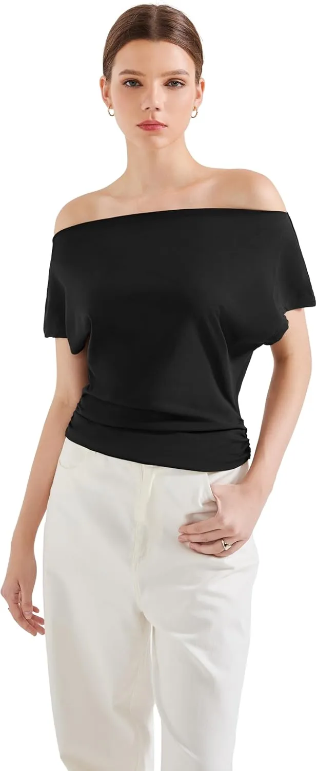 SUUKSESS Women Off The Shoulder Summer Tops One Shoulder T Shirt Casual Short Sleeve Boat Neck Tees