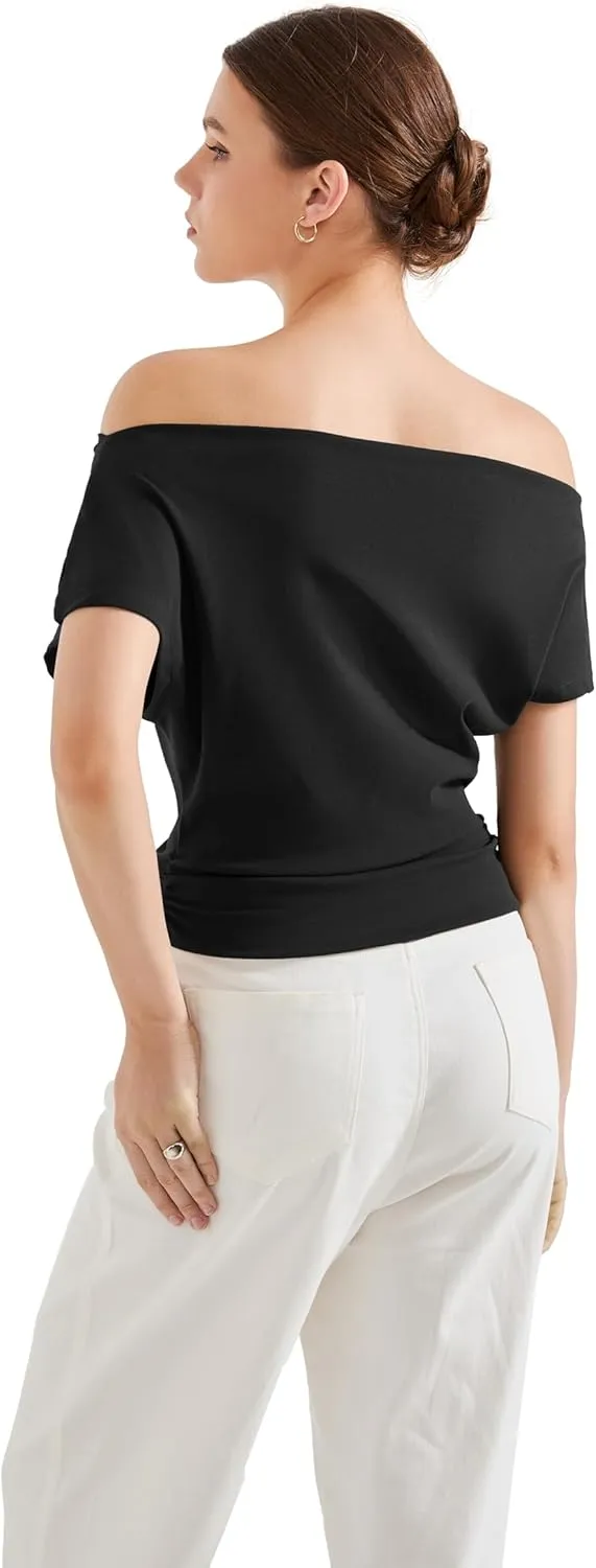 SUUKSESS Women Off The Shoulder Summer Tops One Shoulder T Shirt Casual Short Sleeve Boat Neck Tees
