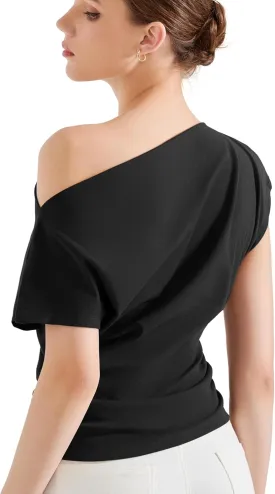 SUUKSESS Women Off The Shoulder Summer Tops One Shoulder T Shirt Casual Short Sleeve Boat Neck Tees